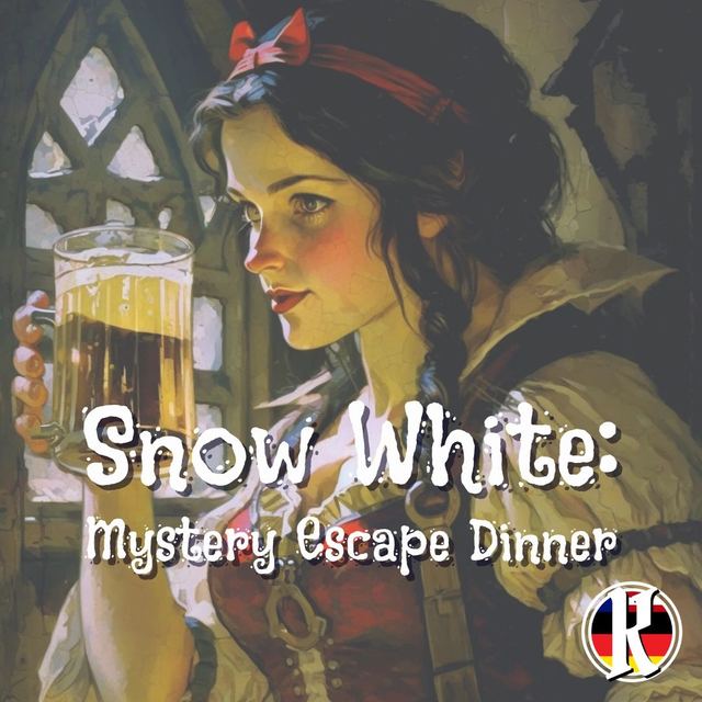 Illustration of Snow White holding a drink, promoting a mystery escape dinner event.