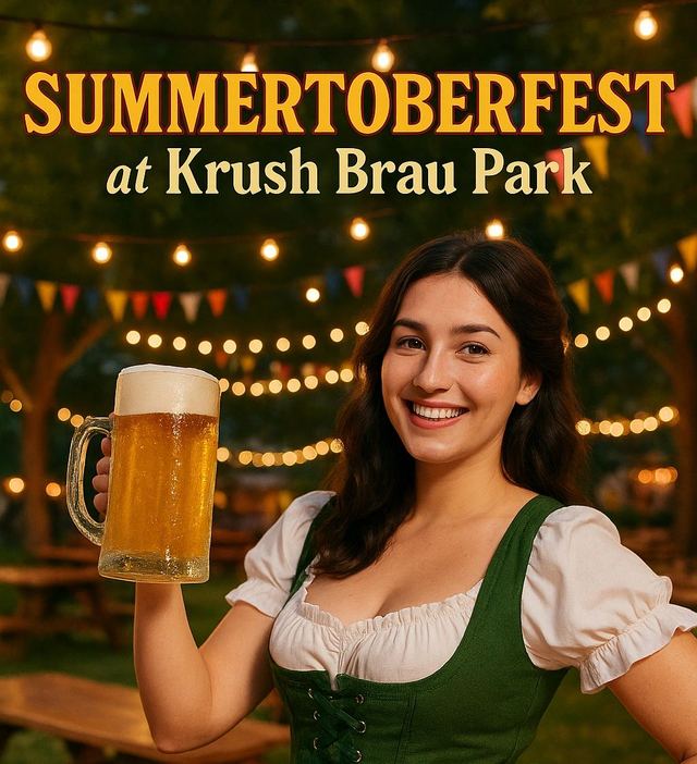 Woman in traditional dress holding a beer at Summertoberfest.