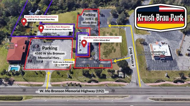 Aerial map showing parking and key locations at Krush Brau Park in Florida.