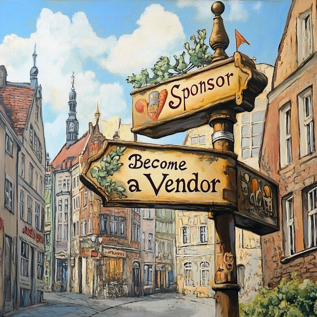 Vintage street sign inviting to become a sponsor or vendor in a charming town.