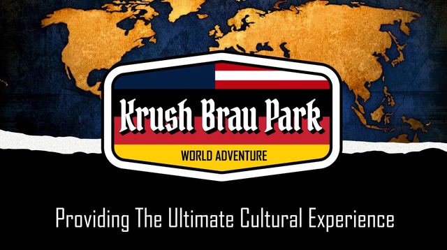 Krush Brau Park logo with world map background, promoting cultural adventure.