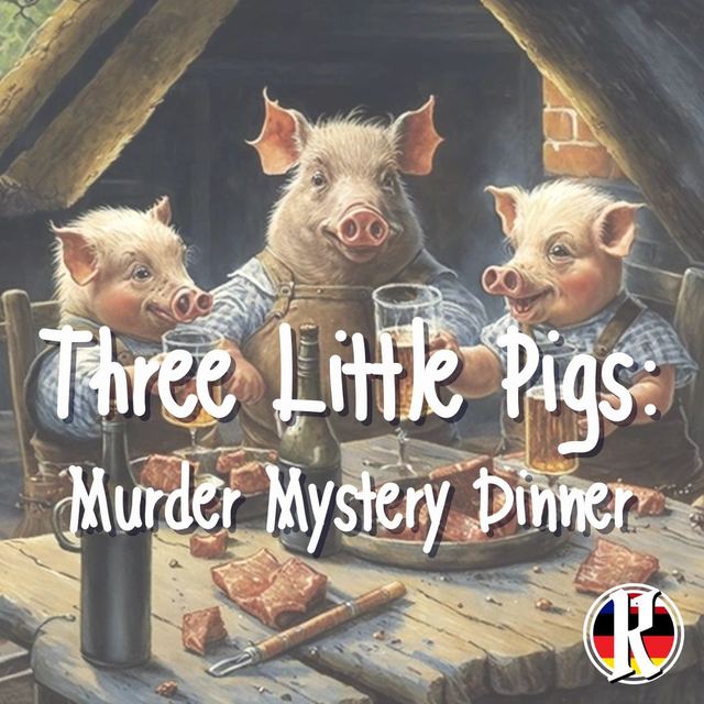 Three pigs at a table, promoting a murder mystery dinner event.